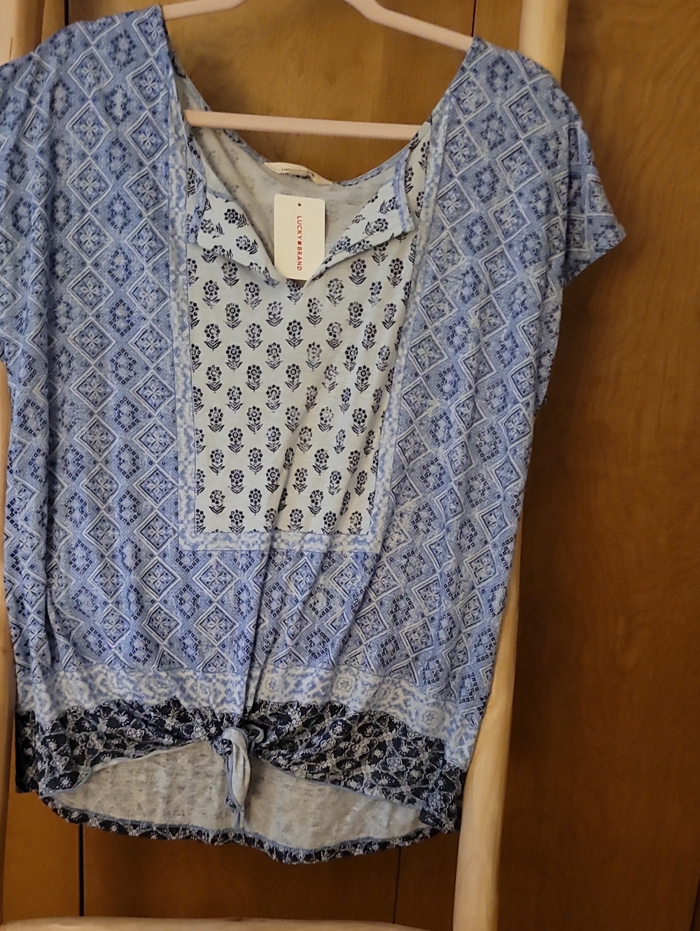 Lucky Brand Light Blue Printed Tie-Front Tunic